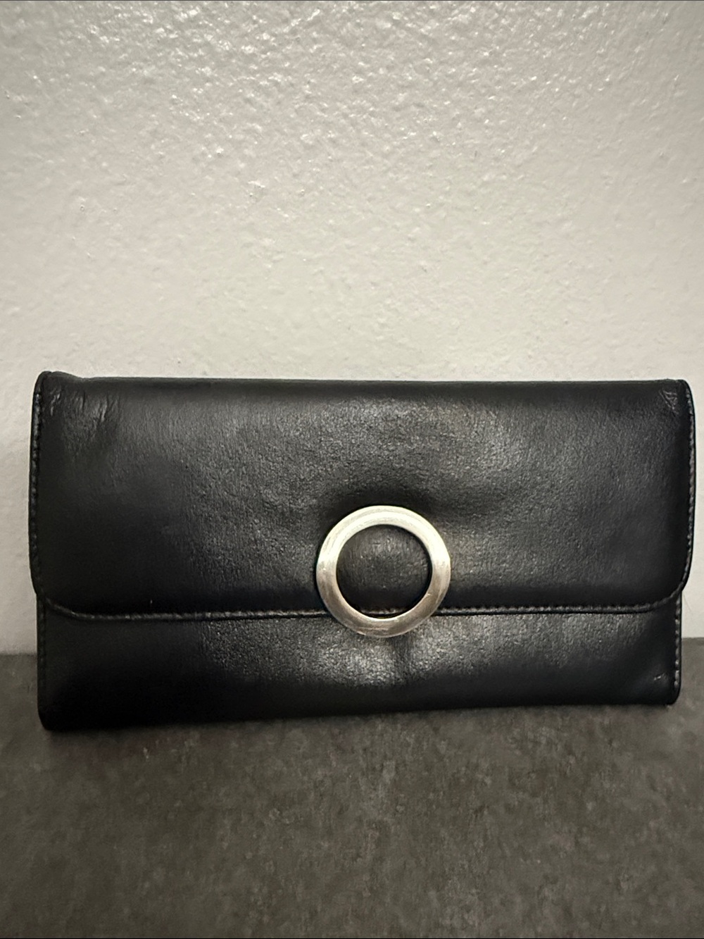Classic Black Leather Wallet Clutch with Silver Ring Accent Wilson’s Leather